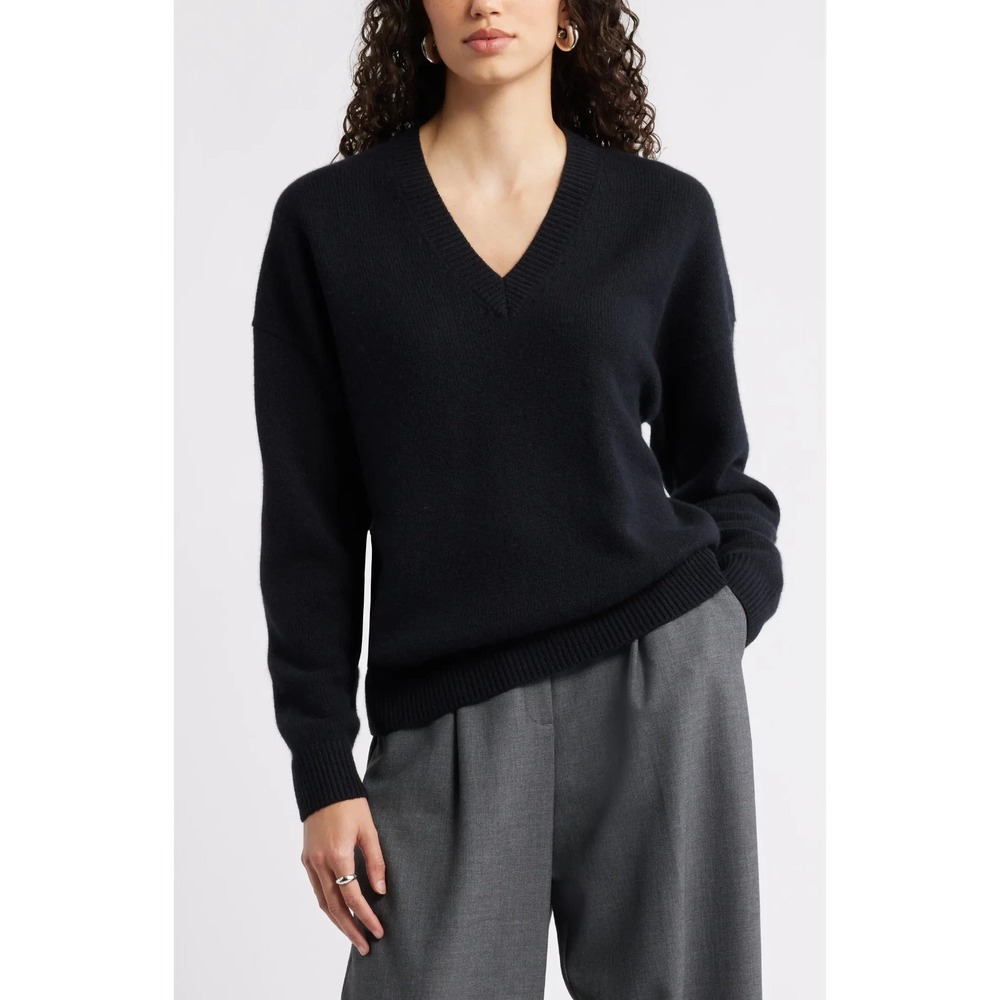 NWT Nordstrom V-Neck Wool & Cashmere Sweater Women's Size XL Black